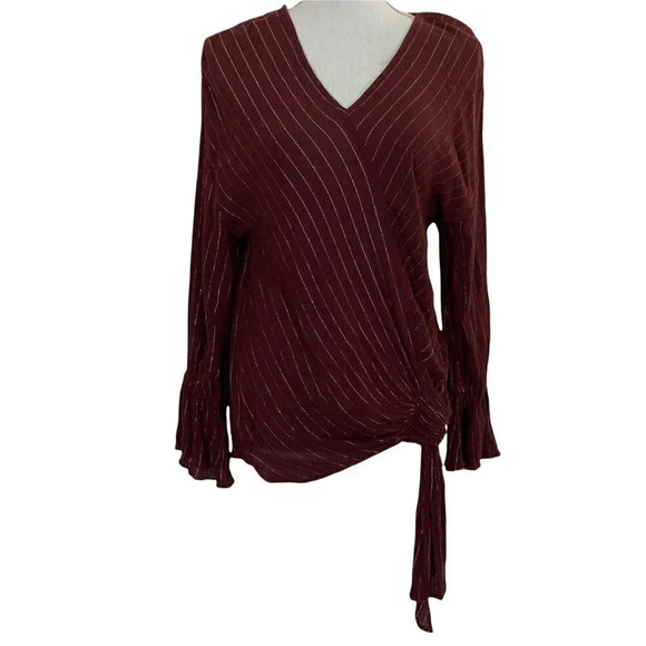 Juicy Couture Tops - Juicy Couture Blouse XS Maroon Long Sleeve Silver Striped Semi-Sheer Stretch Top